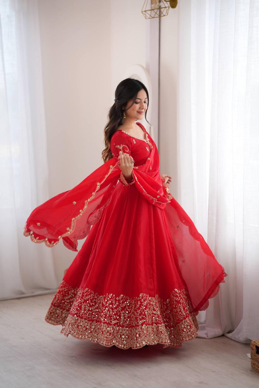 Embroidery Codding And Sequence Work - Red