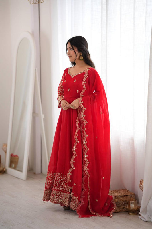 Embroidery Codding And Sequence Work - Red
