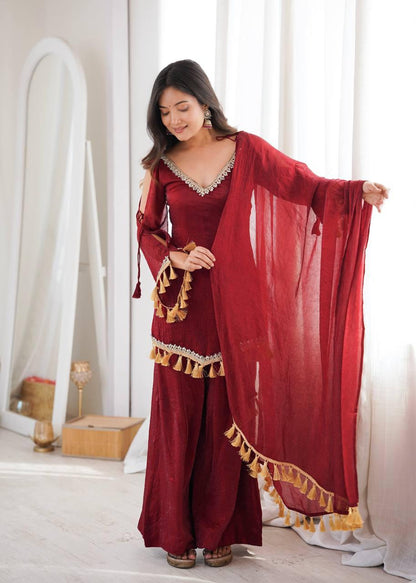Wine Red Mirror Work Palazzo Suit Set