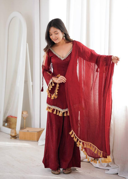 Wine Red Mirror Work Palazzo Suit Set