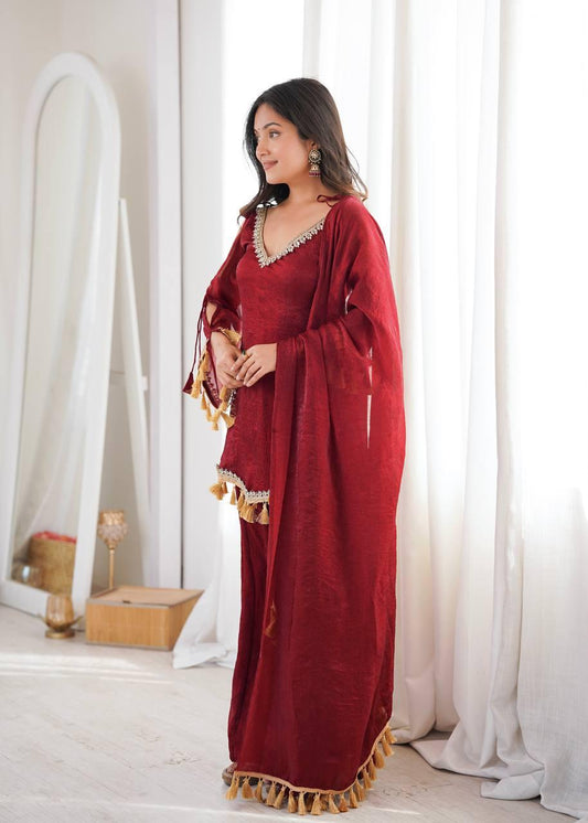 Wine Red Mirror Work Palazzo Suit Set