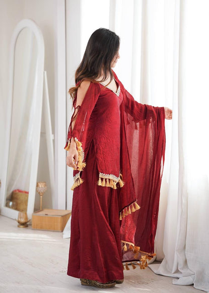 Wine Red Mirror Work Palazzo Suit Set