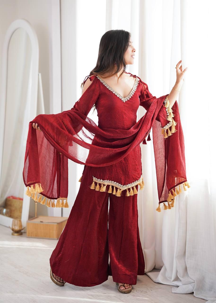 Wine Red Mirror Work Palazzo Suit Set