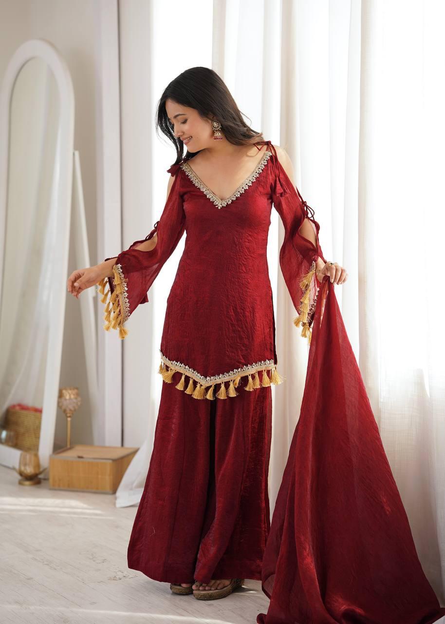 Wine Red Mirror Work Palazzo Suit Set