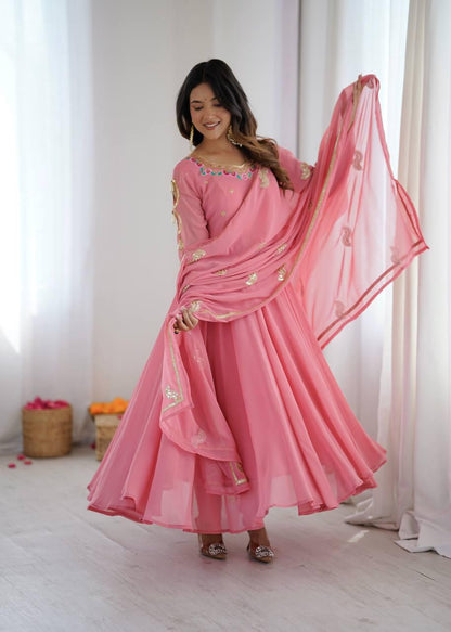Pink Embroidery Sequence Work Anarkali Suit Set