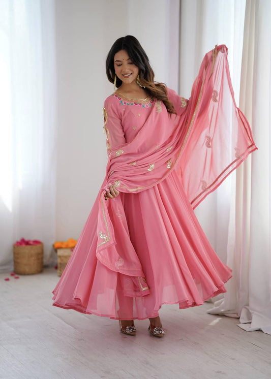 Pink Embroidery Sequence Work Anarkali Suit Set
