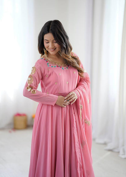 Pink Embroidery Sequence Work Anarkali Suit Set