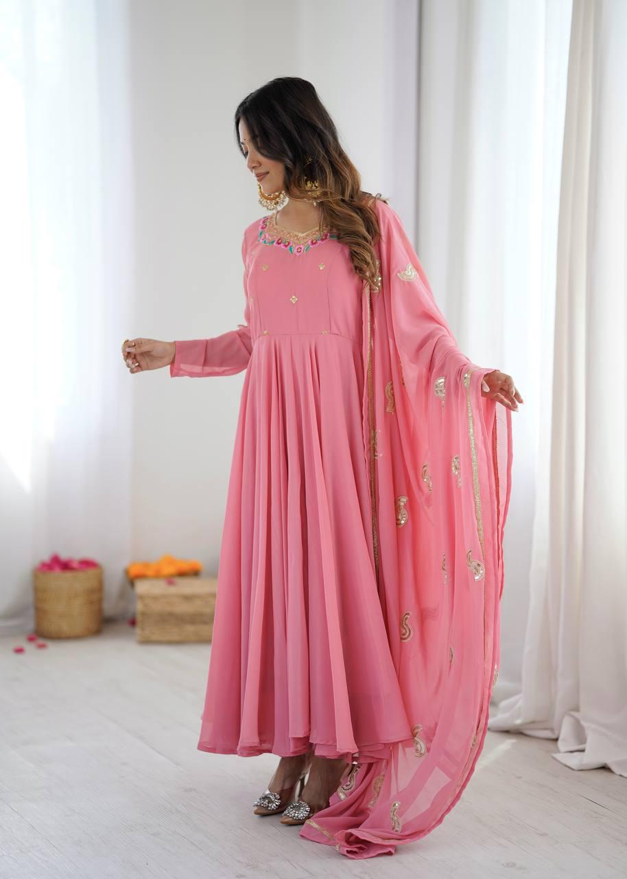 Pink Embroidery Sequence Work Anarkali Suit Set