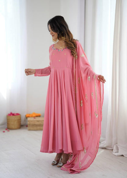 Pink Embroidery Sequence Work Anarkali Suit Set
