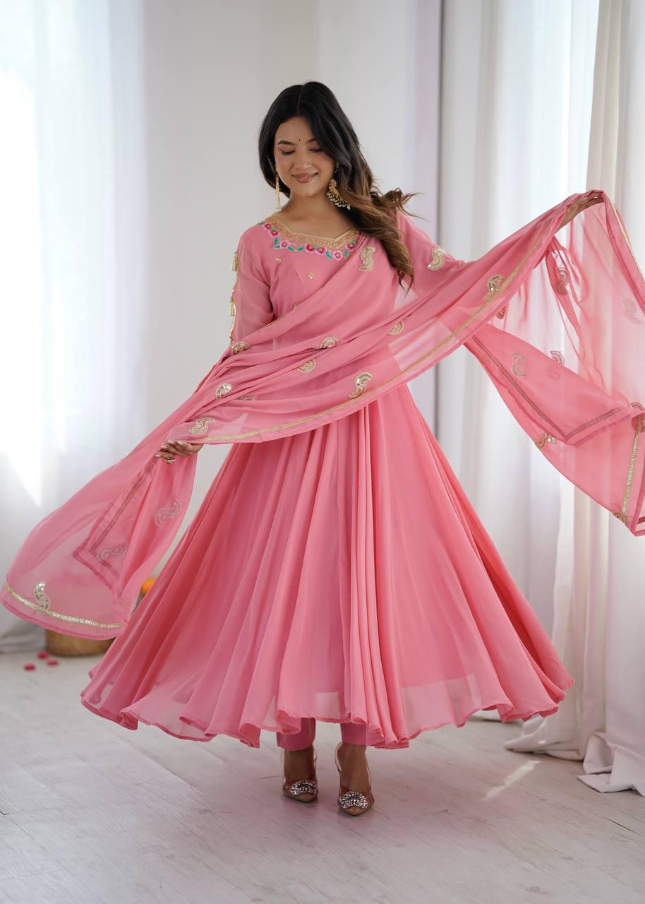 Pink Embroidery Sequence Work Anarkali Suit Set