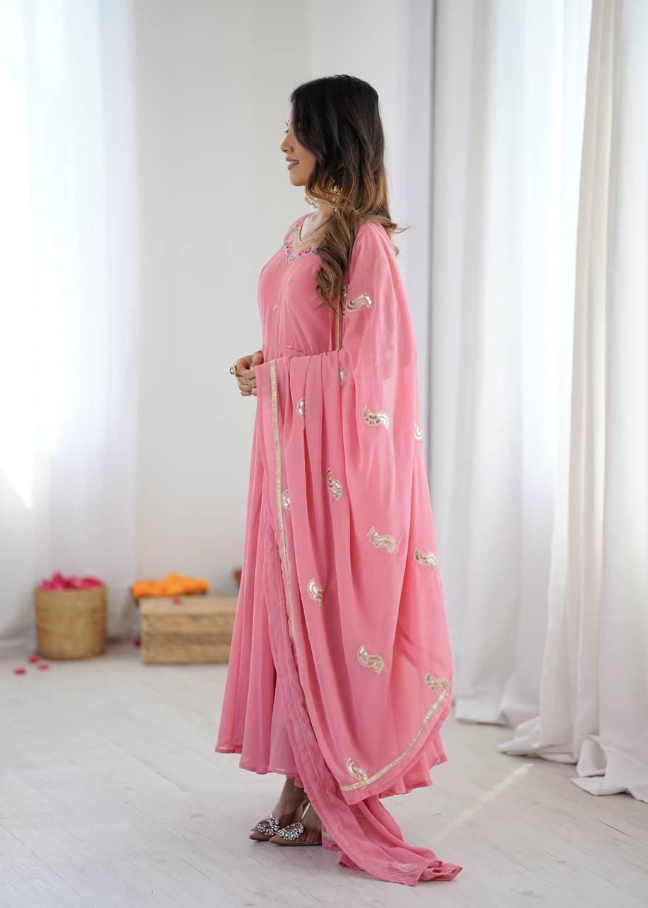 Pink Embroidery Sequence Work Anarkali Suit Set
