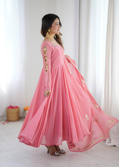 Pink Embroidery Sequence Work Anarkali Suit Set
