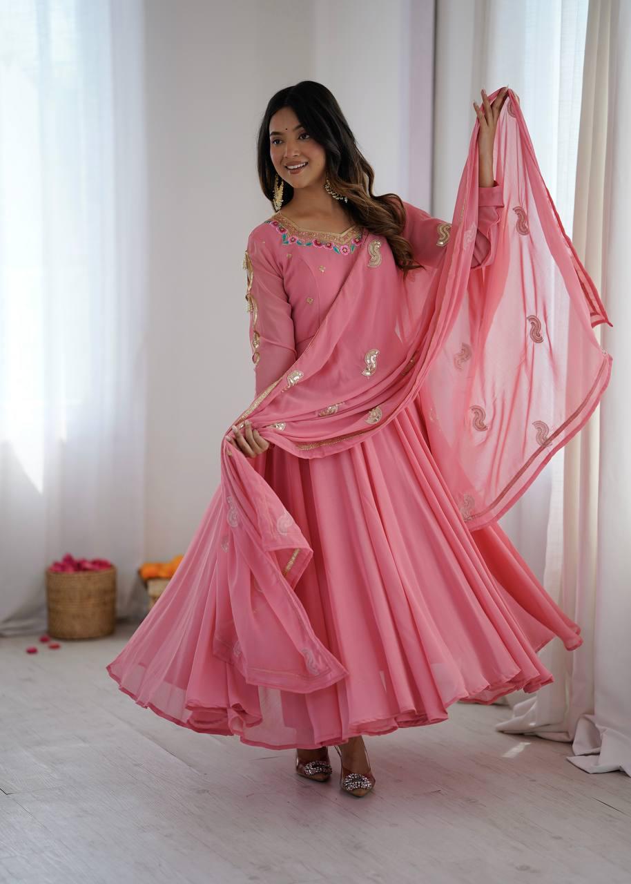 Pink Embroidery Sequence Work Anarkali Suit Set
