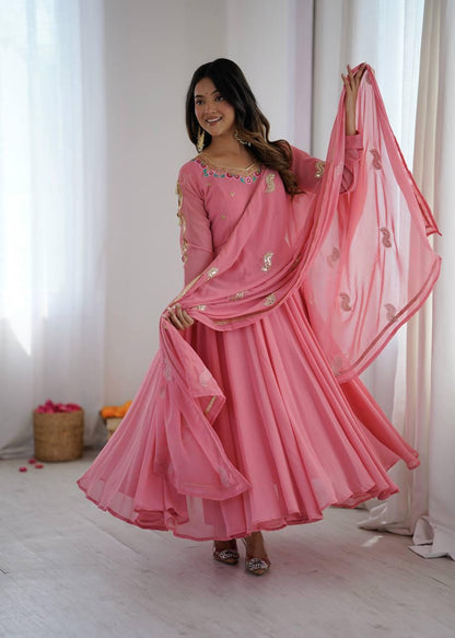 Pink Embroidery Sequence Work Anarkali Suit Set