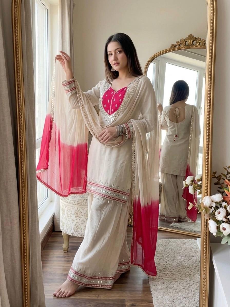 Olive White  Mirror Work Palazzo Suit Set