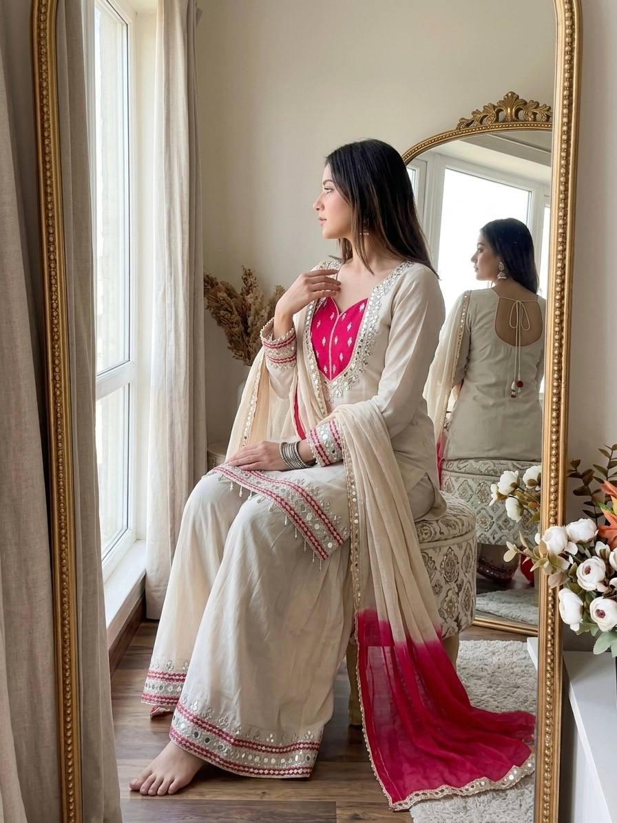 Olive White  Mirror Work Palazzo Suit Set