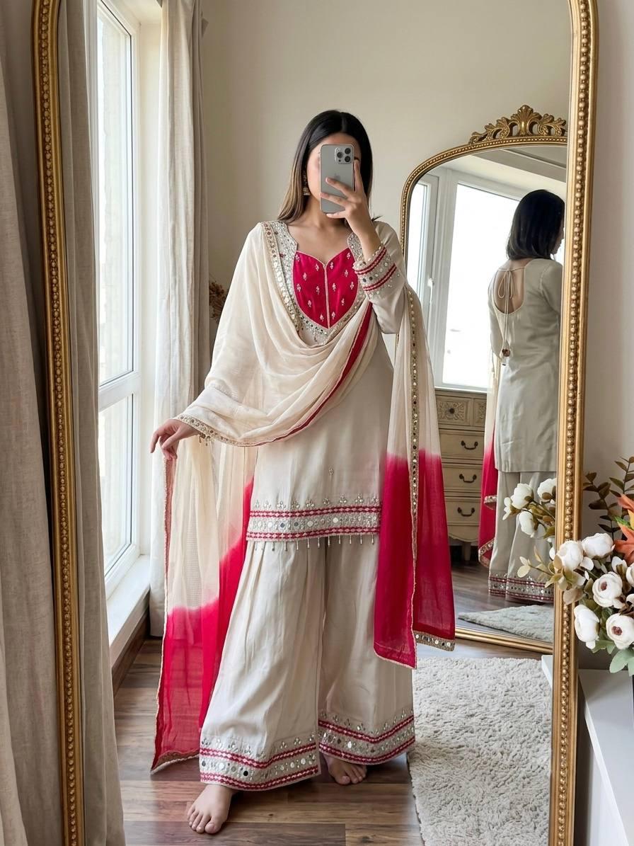 Olive White  Mirror Work Palazzo Suit Set