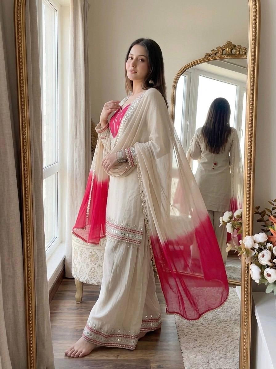 Olive White  Mirror Work Palazzo Suit Set