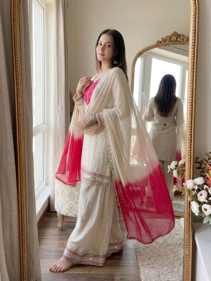 Olive White  Mirror Work Palazzo Suit Set