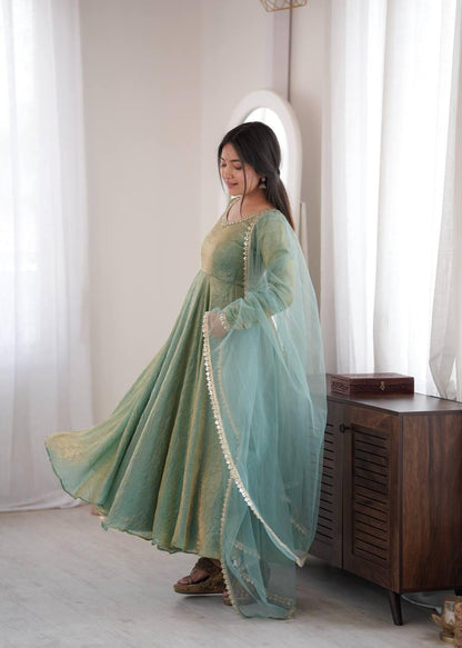 Mint Green Mirror Work Anarkali Suit Set
