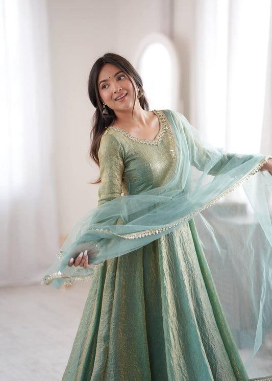 Mint Green Mirror Work Anarkali Suit Set