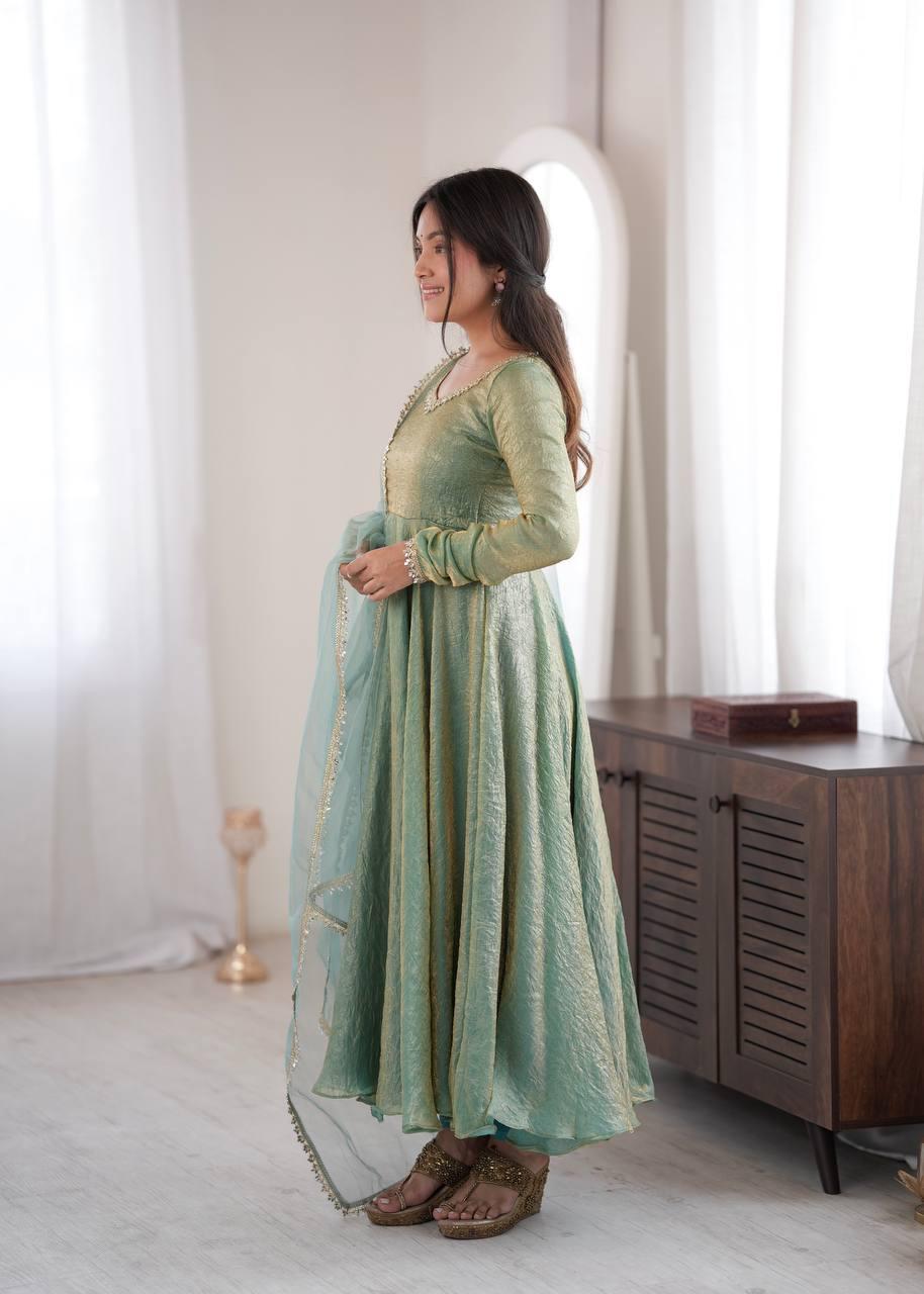 Mint Green Mirror Work Anarkali Suit Set