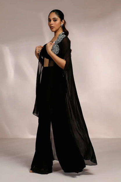 Radiant Black Side Slight Pant And Cape Set