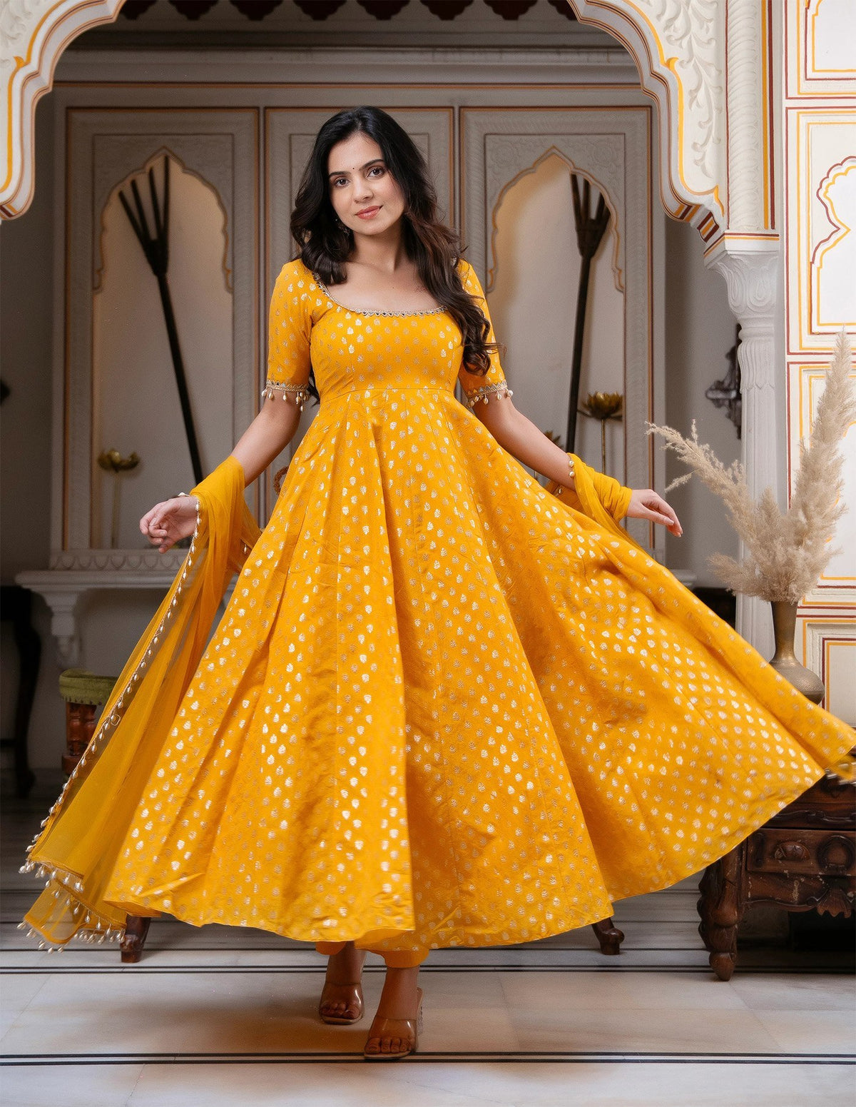 Yellow Chanderi Jacquard Mirror Work Flared Gown Set
