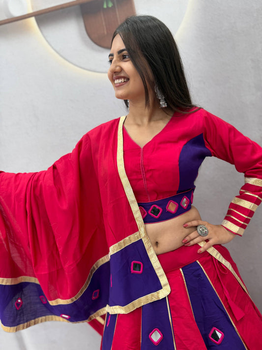 Pink & Blue Big Flair Mirror Work Navratri Lehenga Choli