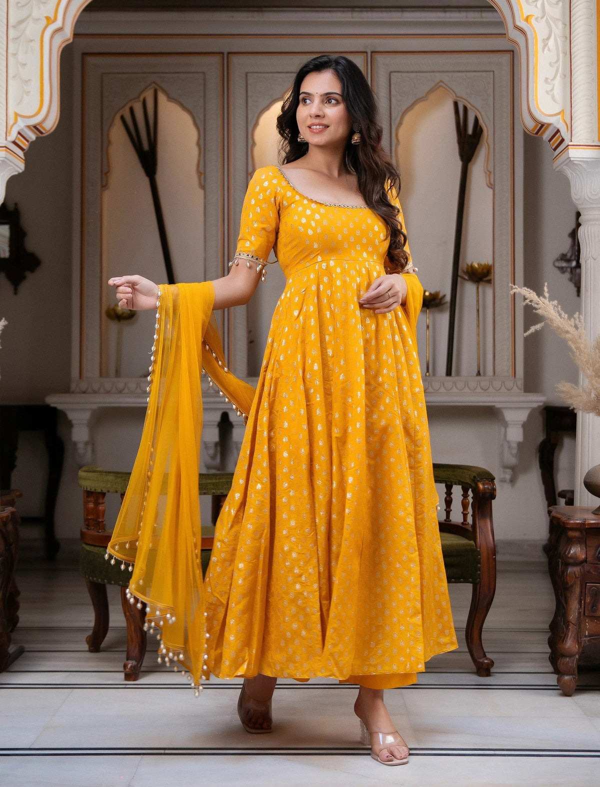 Yellow Chanderi Jacquard Mirror Work Flared Gown Set