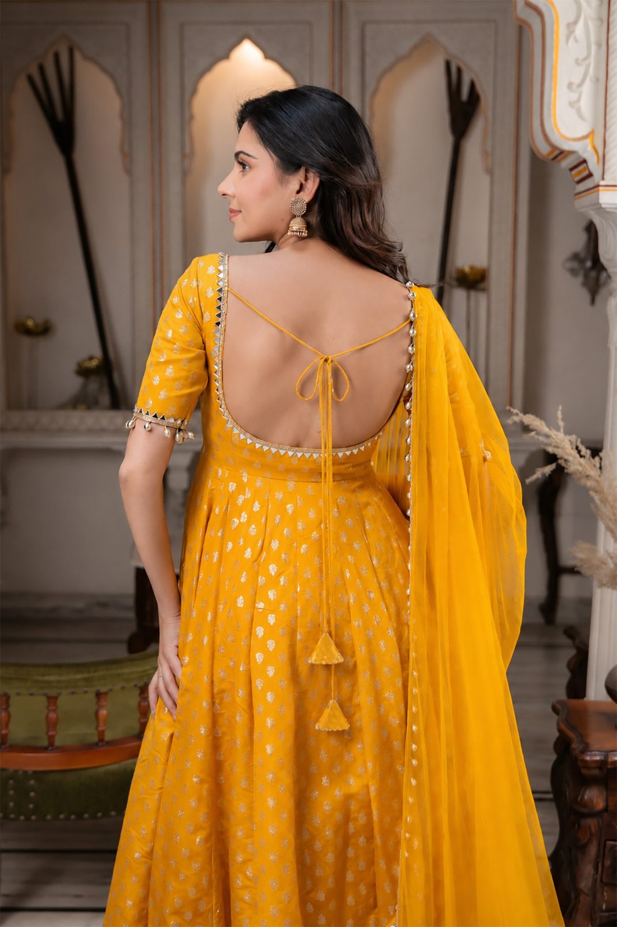Yellow Chanderi Jacquard Mirror Work Flared Gown Set