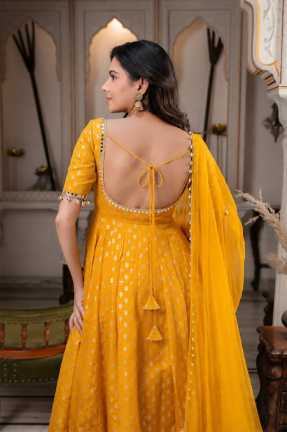 Yellow Chanderi Jacquard Mirror Work Flared Gown Set