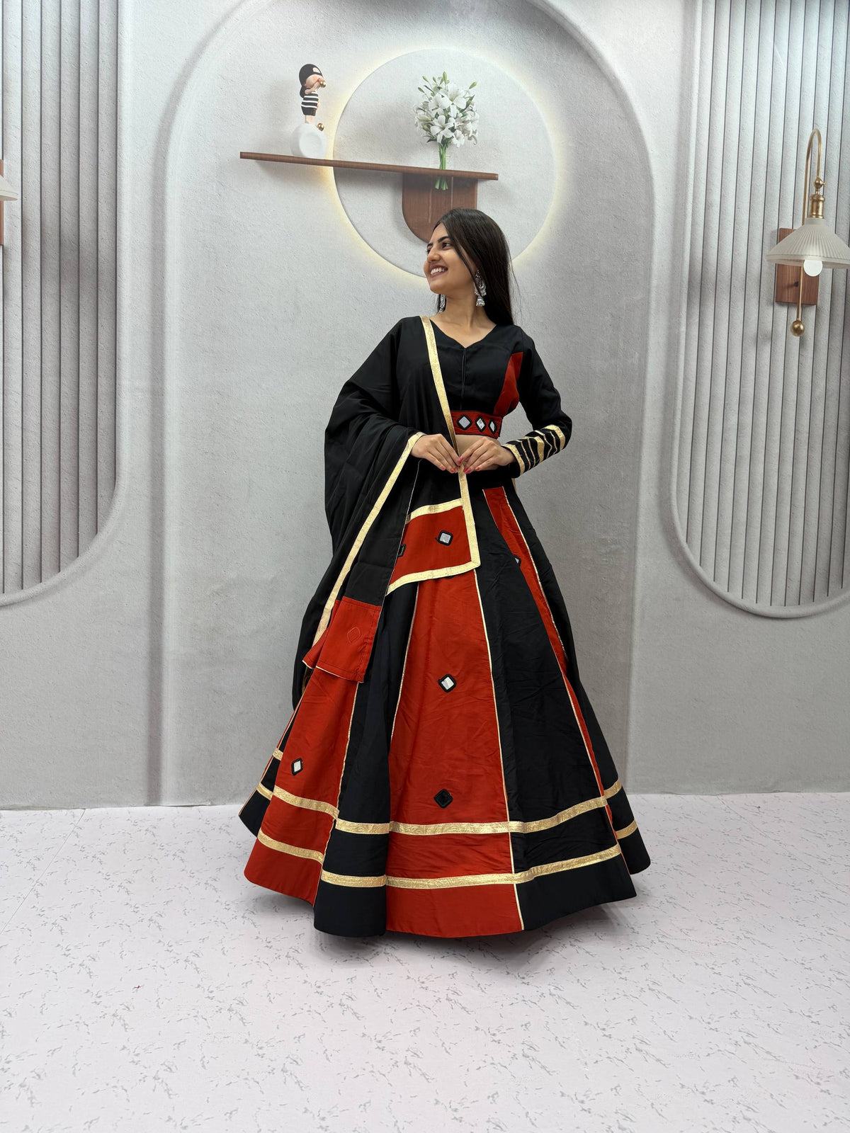 Black & Red Big Flair Mirror Work Navratri Lehenga Choli