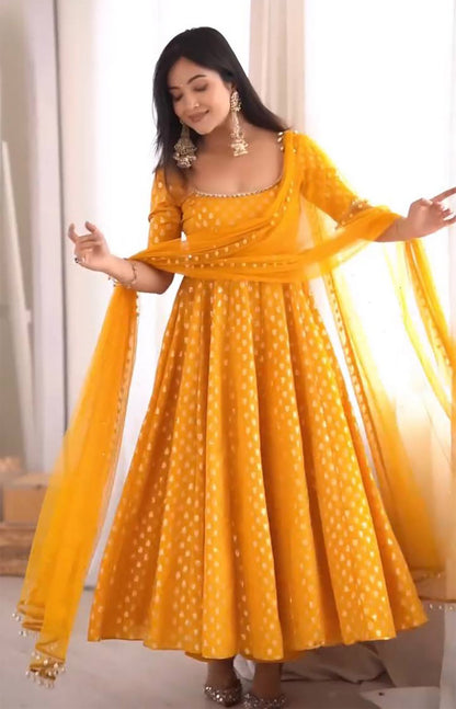 Yellow Chanderi Jacquard Mirror Work Flared Gown Set