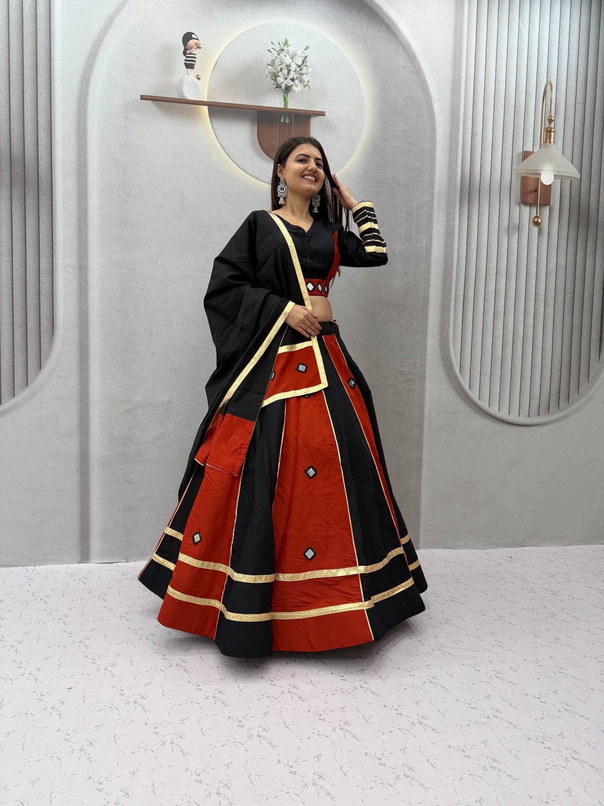 Black & Red Big Flair Mirror Work Navratri Lehenga Choli