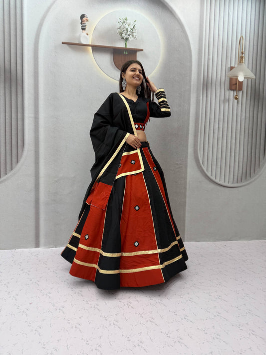 Black & Red Big Flair Mirror Work Navratri Lehenga Choli