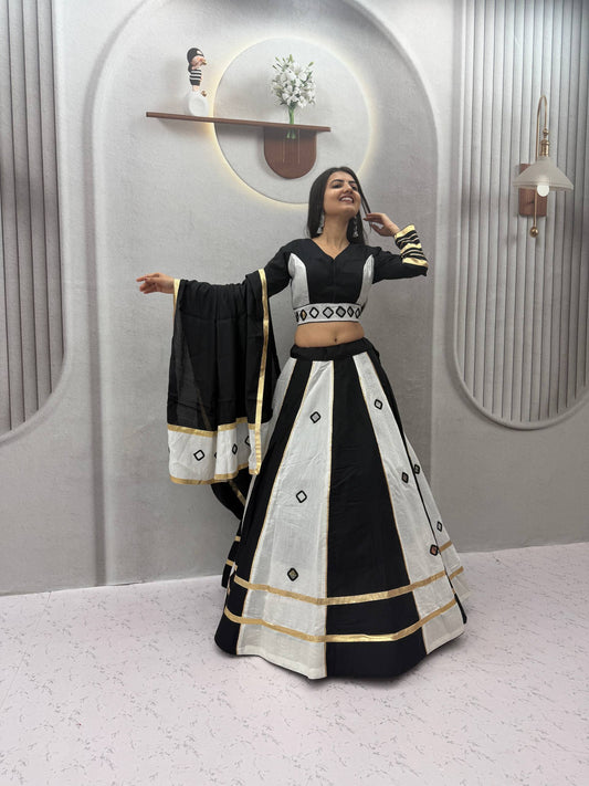Black & White Big Flair Mirror Work Navratri Lehenga Choli