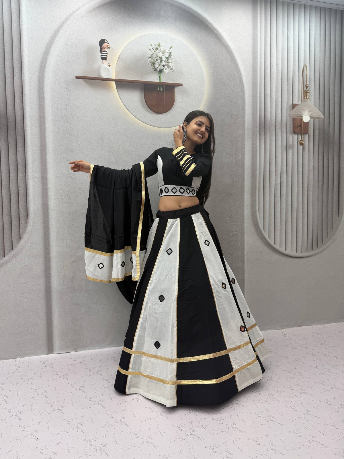 Black & White Big Flair Mirror Work Navratri Lehenga Choli