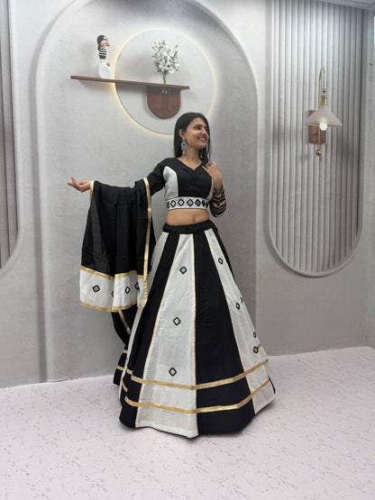 Black & White Big Flair Mirror Work Navratri Lehenga Choli