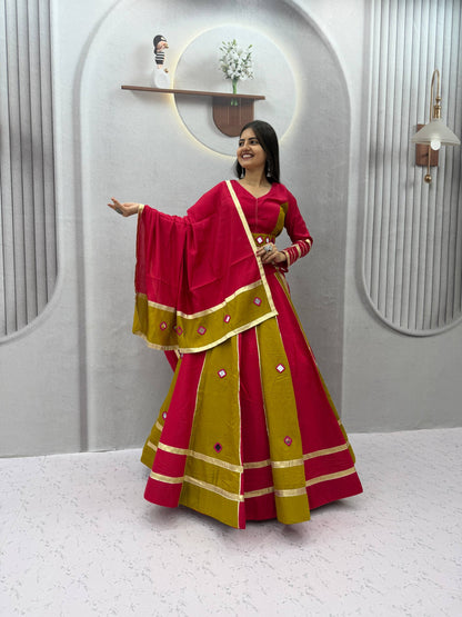Pink & Green Big Flair Mirror Work Navratri Lehenga Choli