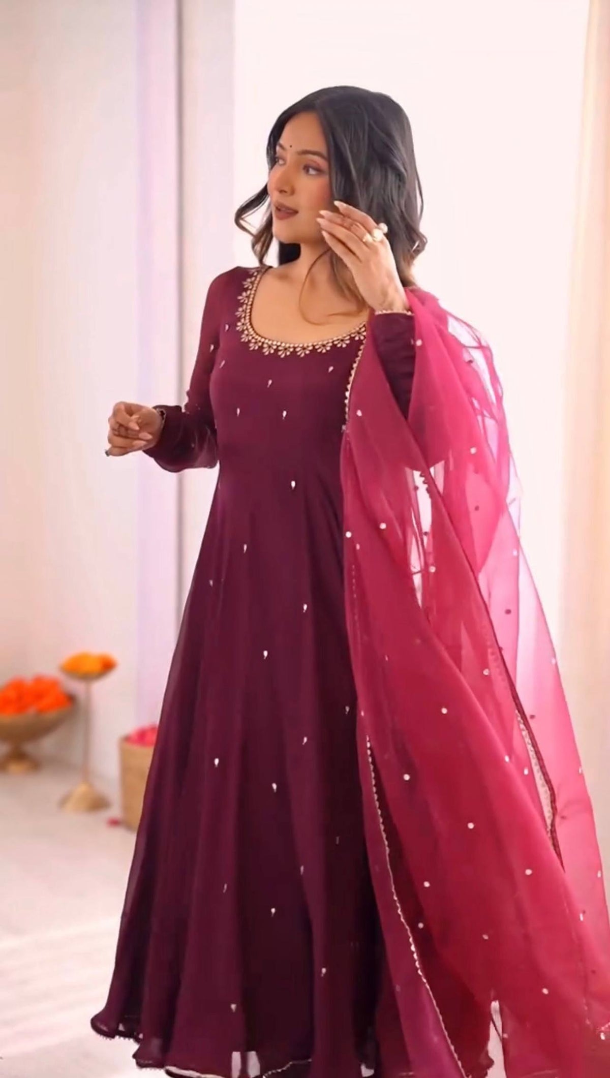 Rani Pink Heavy Fox Georgette Embroidered Ready to Wear Gown With Dupatta
