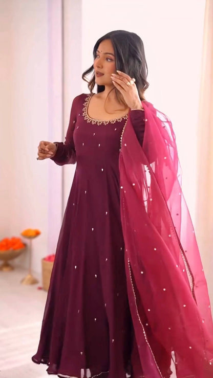 Rani Pink Heavy Fox Georgette Embroidered Ready to Wear Gown With Dupatta