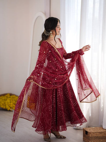 Red Faux Georgette Digital Print Gown With Embroidered Dupatta Set