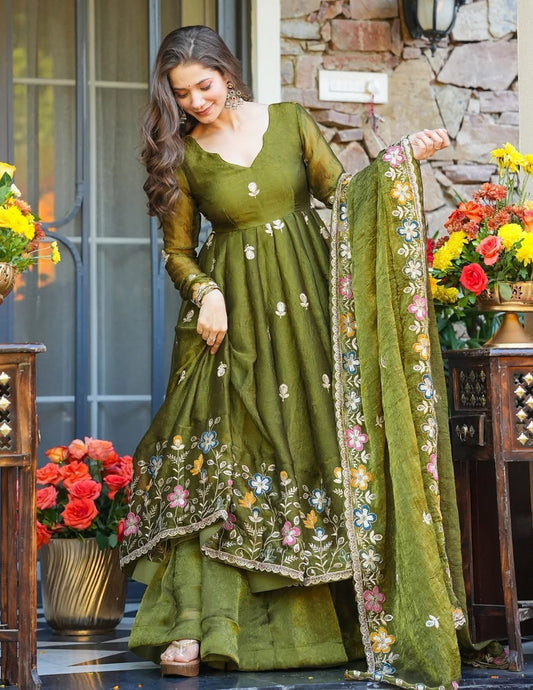 Mehndi Avani Heavy Crunchy Silk Designer Anarkali Suit