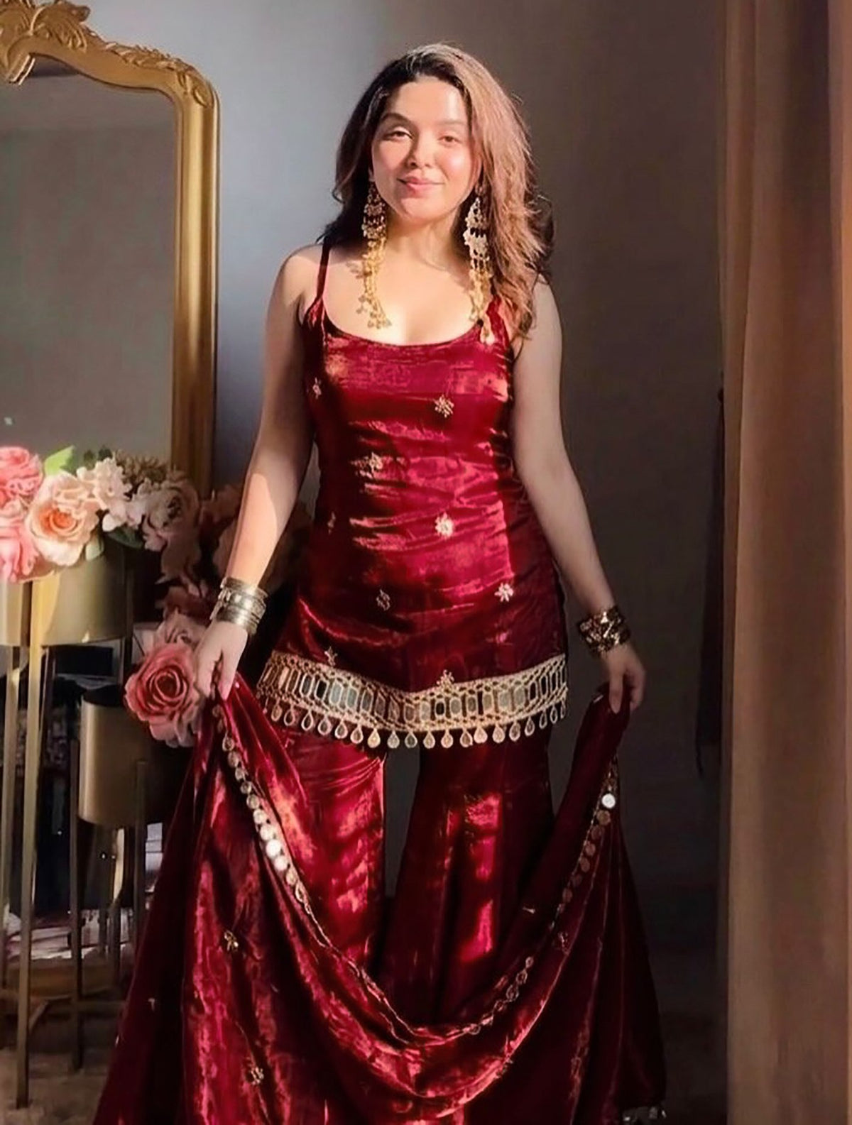 Maroon Reshma Premium Fendy Silk Mirror Work Plazo Suit Set