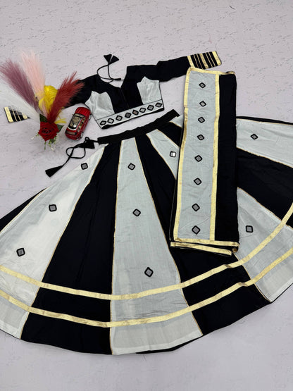 Black & White Big Flair Mirror Work Navratri Lehenga Choli