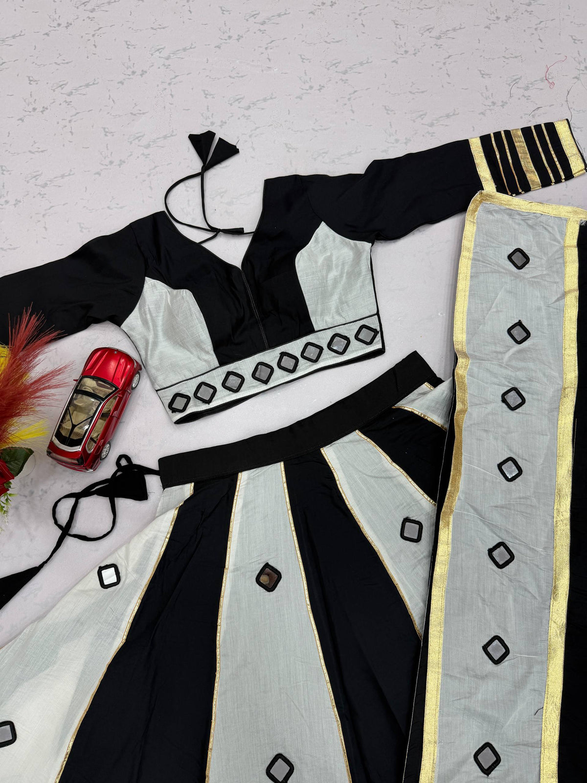 Black & White Big Flair Mirror Work Navratri Lehenga Choli