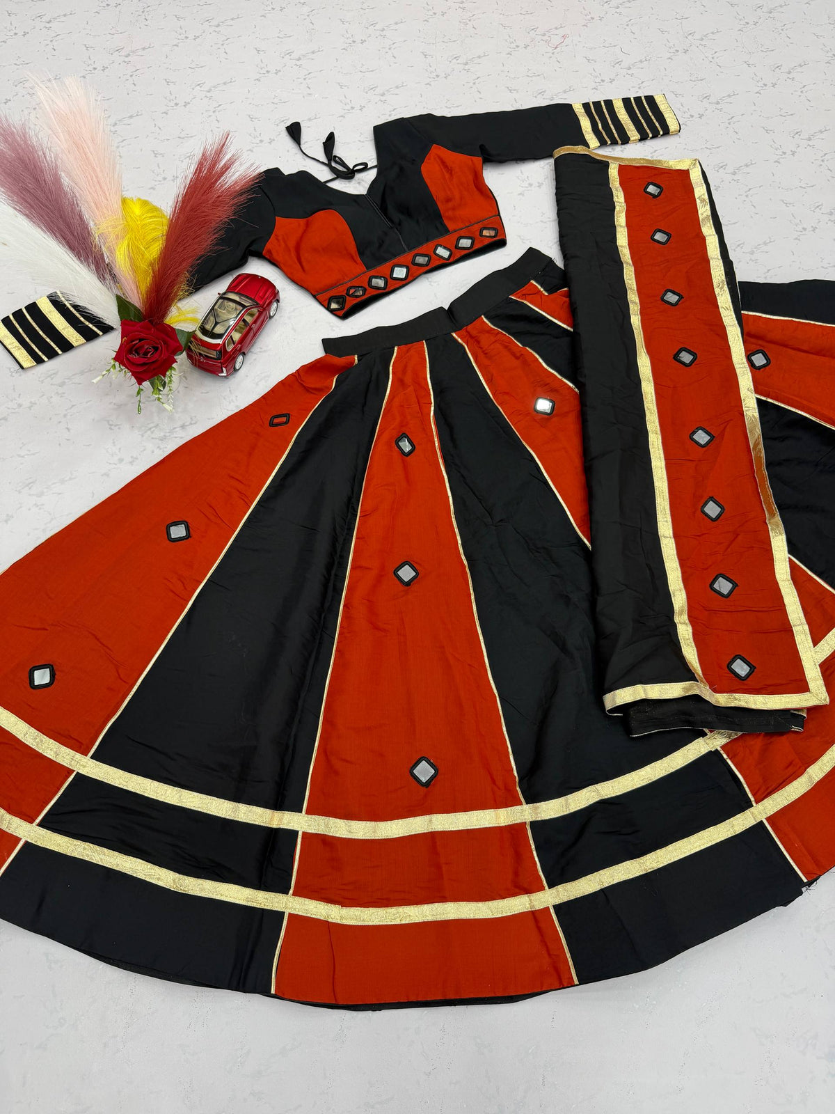 Black & Red Big Flair Mirror Work Navratri Lehenga Choli