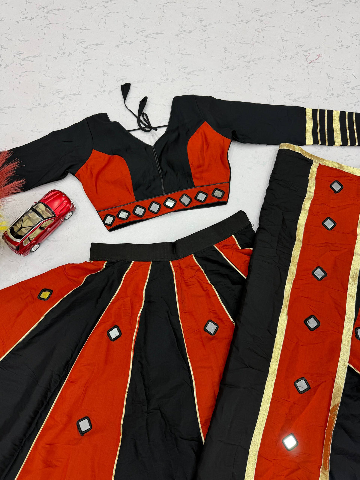 Black & Red Big Flair Mirror Work Navratri Lehenga Choli