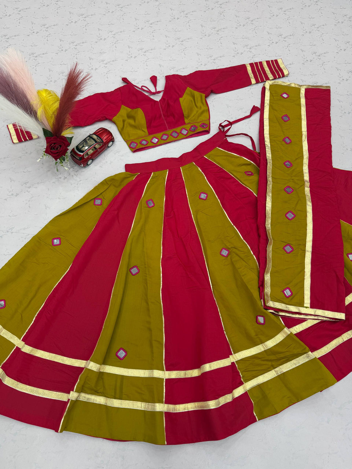Pink & Green Big Flair Mirror Work Navratri Lehenga Choli